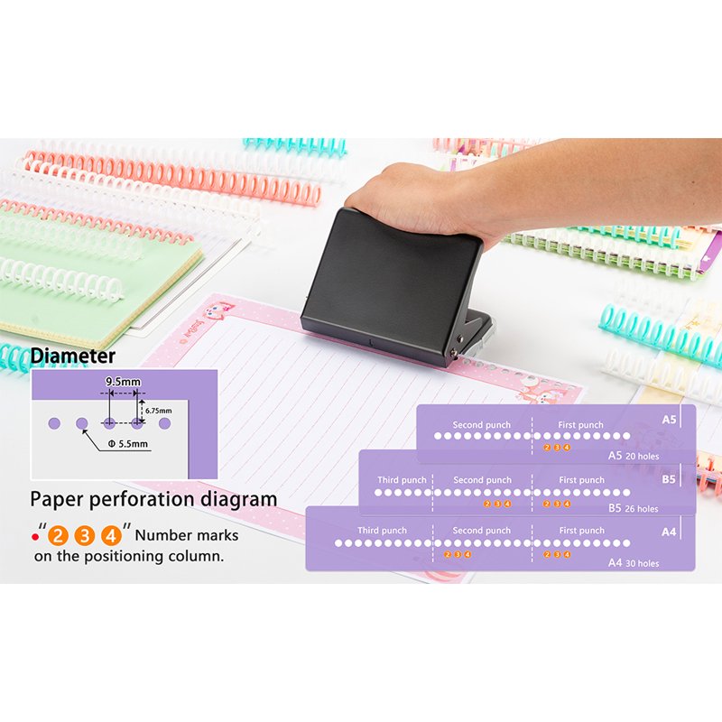 Manual 10-Hole Binding Machine for Planners and Notebooks with Multi-Color Spines