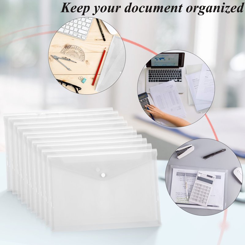 Waterproof Plastic File Folders Set with Snap Closures - A4 Letter Size Organizers, 12 Pack