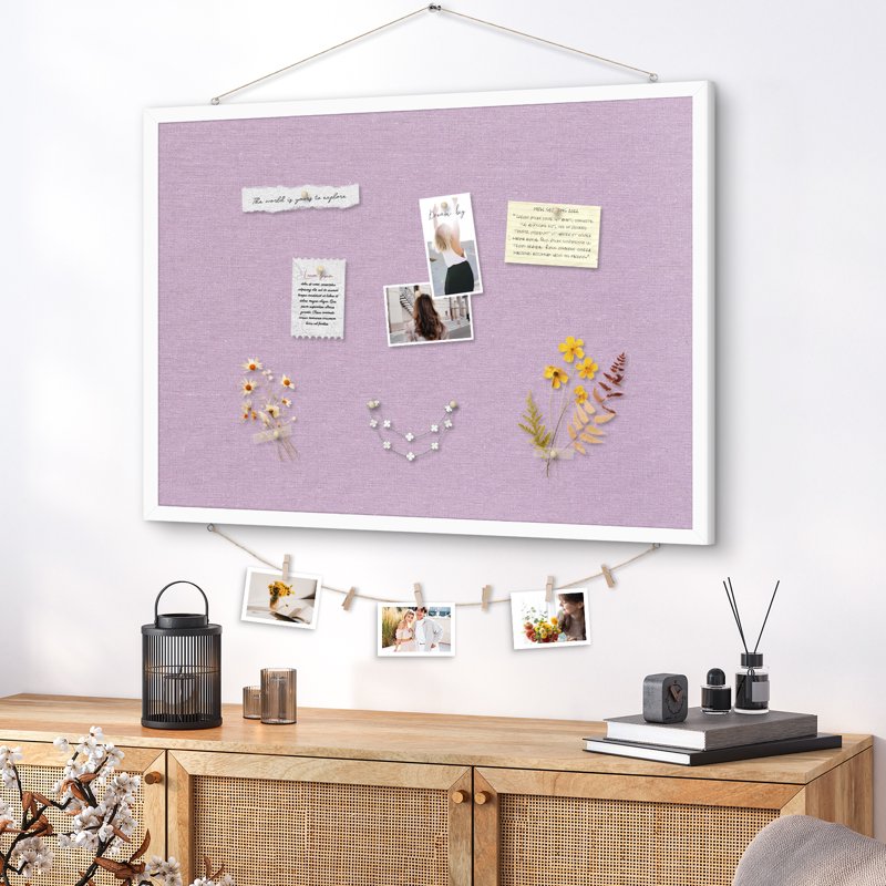 Purple Linen Bulletin Board - 36x24 Inch Wall Pinboard with Cork & Wood Frame