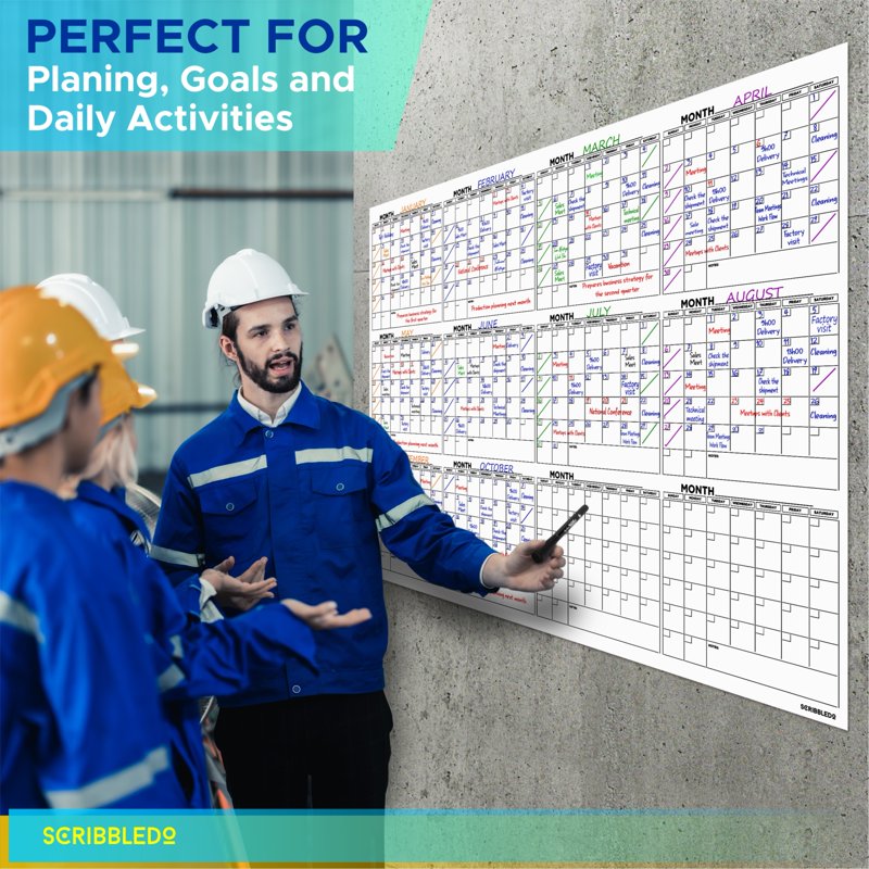 Large 36x48 Inch Dry Erase Wall Calendar - 12 Month Planner with Markers & Mounting Kit