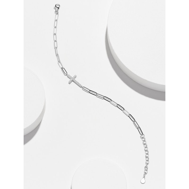 Sterling Silver CZ Cross Paperclip Bracelet with Extender - Hypoallergenic Jewelry