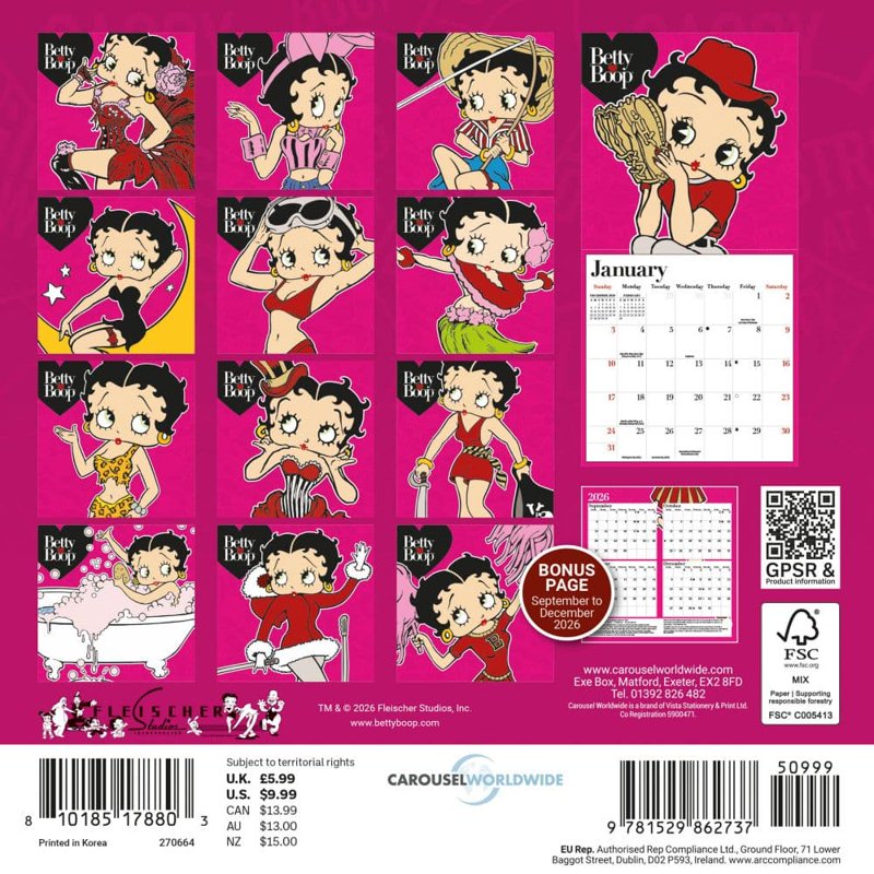 Betty Boop 2027 Mini Wall Calendar Retro Illustration Gift