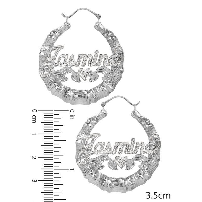 Personalized Bamboo Hoop Earrings with Beading and Rhodium Finish – Custom Name Jewelry