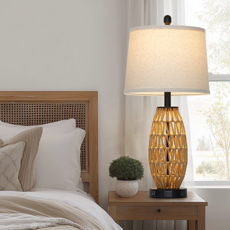 Set of 2 27-Inch Rattan Table Lamps with Night Light & USB Charging