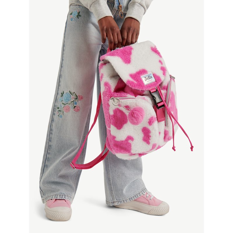 Girls Faux Fur Rucksack Backpack with Cow & Leopard Prints - Pink & Multi Colors
