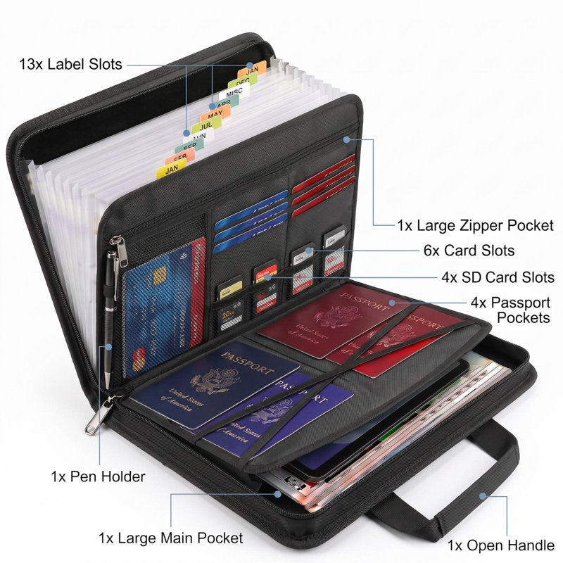 Fireproof Accordion File Organizer with 13 Expandable Pockets & Waterproof Design