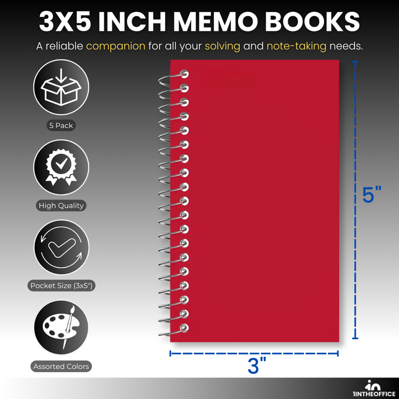 Mini Spiral Notepads 3x5 Inches - Pack of 5 Assorted College Ruled Memo Pads