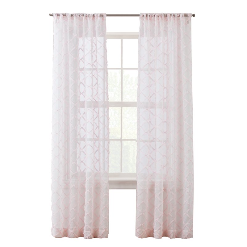 Pink Sheer Window Curtain Panel with Diamond Clip Pattern, 38 x 95 Inches