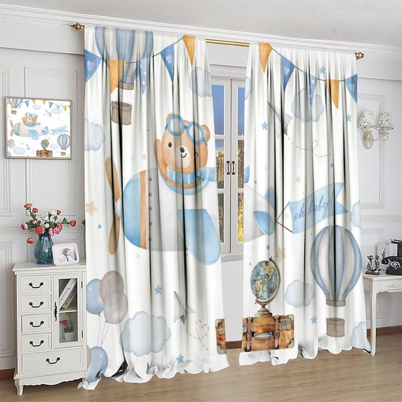 Kids Bedroom Curtains - Pastel Bear Cloud Adventure Window Drapes, 2 Panels