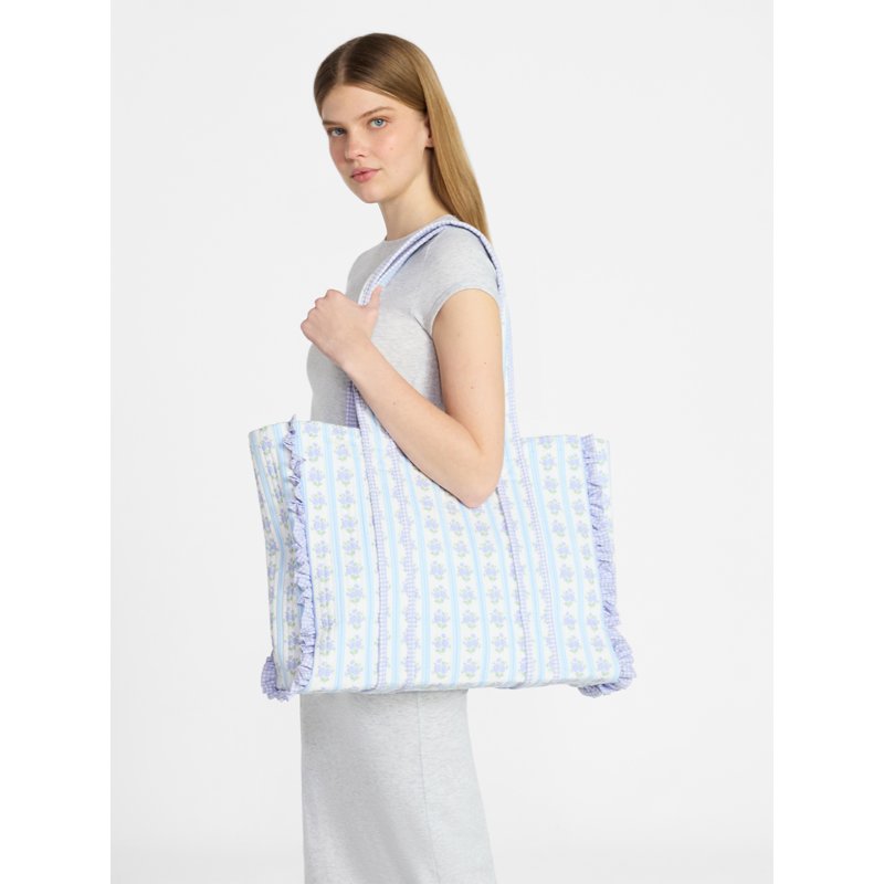 Women's Quilted Tote Bag with Floral Gingham Print - Large Capacity Stylish Handbag