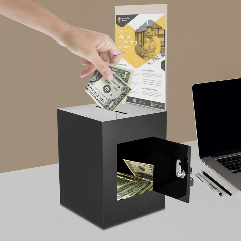 Acrylic Donation & Suggestion Box with Lock and Sign Plate - Tabletop Fundraising Box