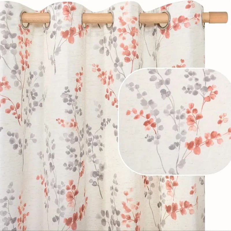 Elegant Floral Linen Curtains 2pcs - Light Filtering for Living Room & Bedroom, 52x63 Inches