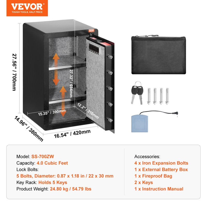 Secure 4.0 Cu.Ft Safe Box with Key Lock, Password & Fingerprint, Fireproof Bag & LED Light
