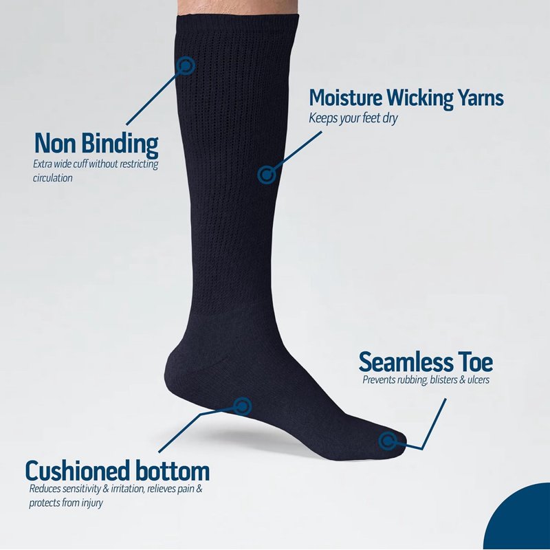 Diabetic Over The Calf Socks Non-Binding Cushioned Cotton Knee High Men Navy 6 Pairs