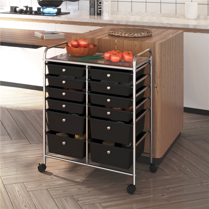 12-Drawer Mobile Storage Cart with Lockable Wheels, Steel Home Office Organizer