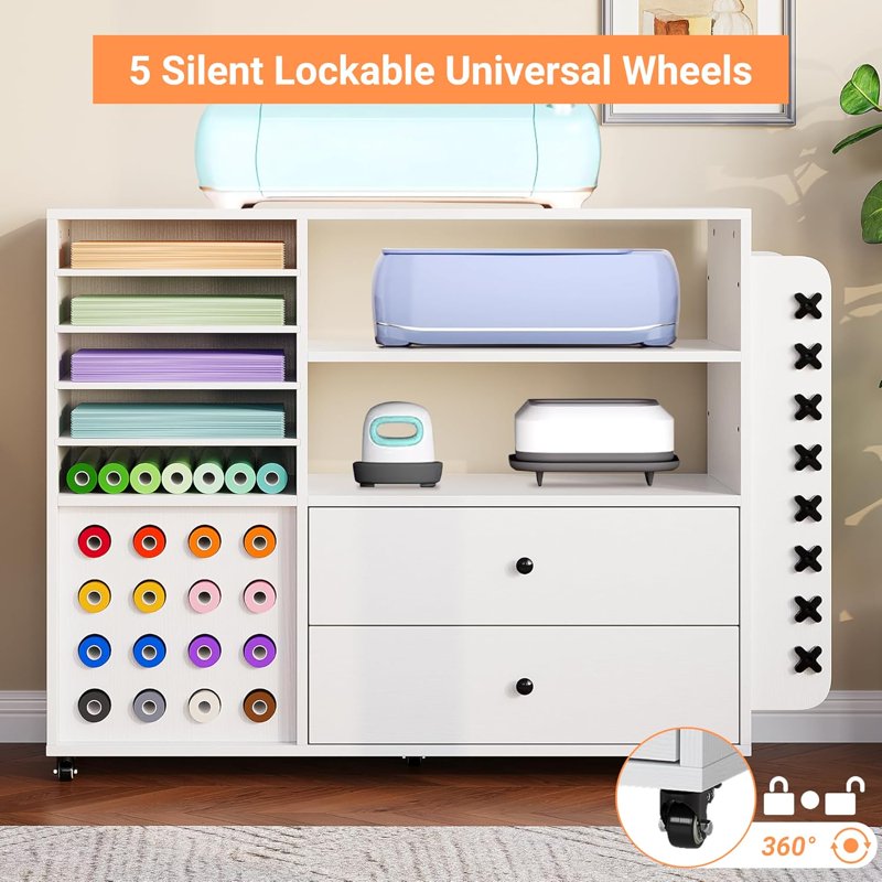 Craft Storage Cart with Vinyl Roll Holders and Large Drawers for Cricut Machines - White
