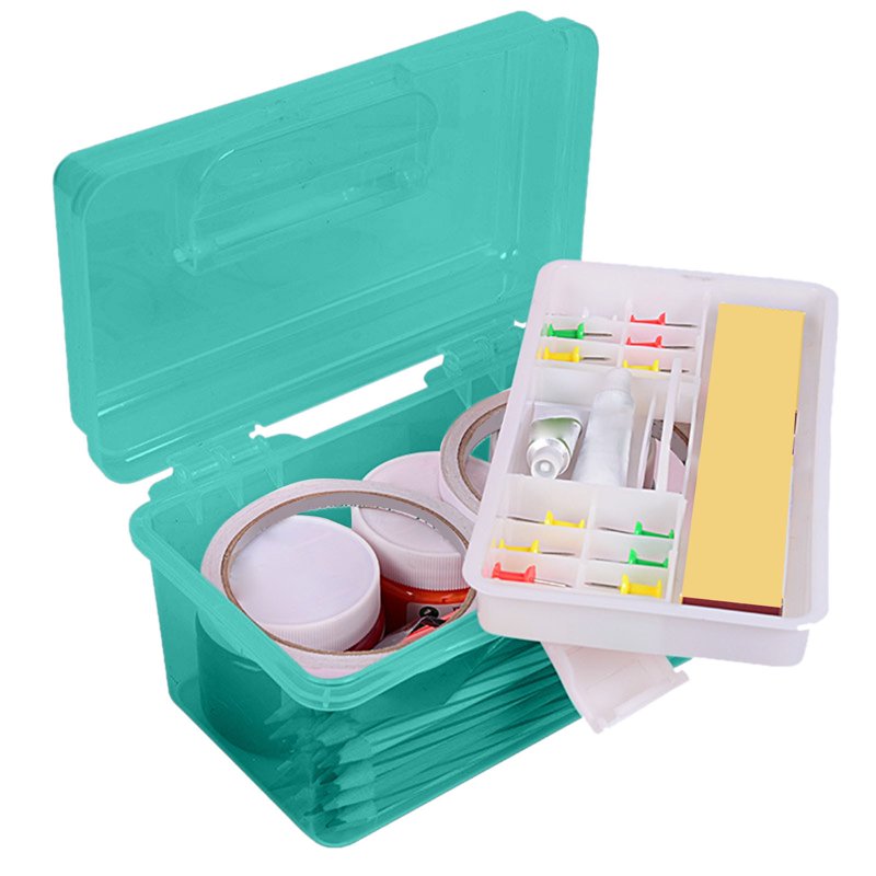 Multipurpose Plastic Art and Craft Storage Container with Removable Tray and Handle, First Aid Box Organizer, Clear and Green