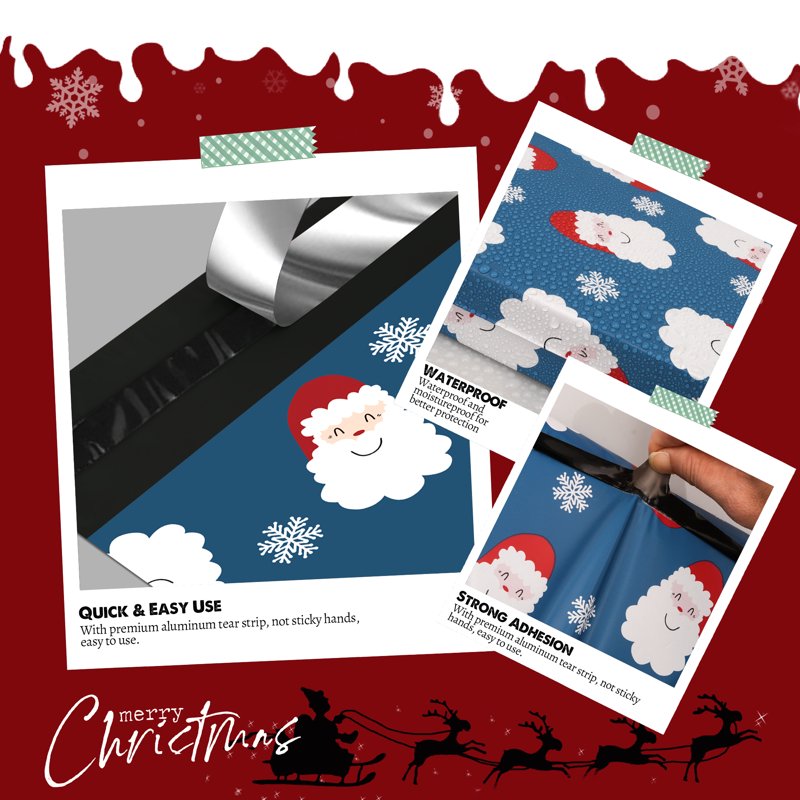 10x13 inch Christmas Poly Mailers 100 Pcs – Waterproof Self-Seal Shipping Bags with Santa Claus & Snowflakes