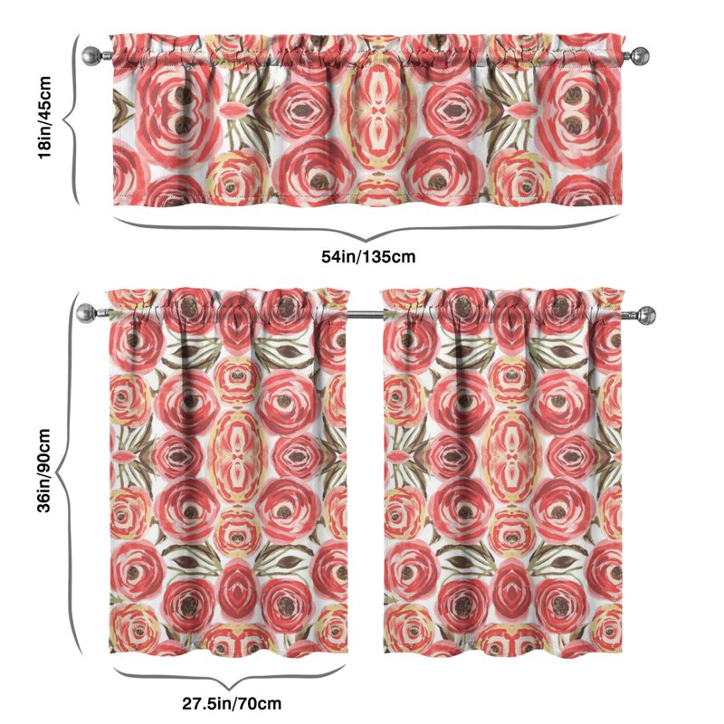 Kitchen Curtains and Valance Set 3 Pieces - Floral Red & White, 27.5 x 36 Inches