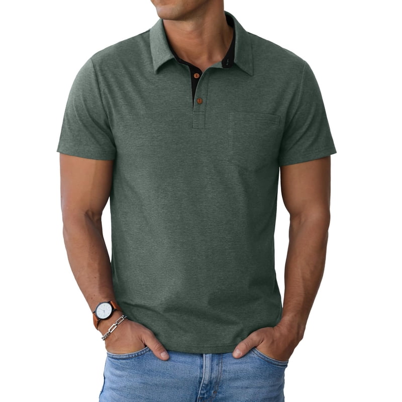 Men's Casual Polo Shirts - Short Sleeve Cotton Classic Collared Shirt with Pocket