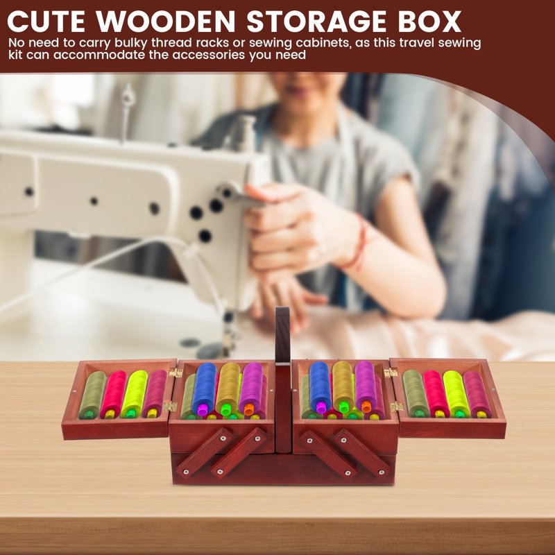 Expandable Wooden Sewing Basket with Handle - Craft Organizer for Travel & Home