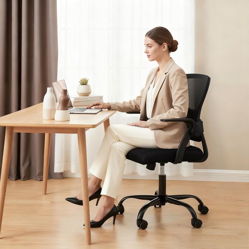 Ergonomic Mesh Office Chair with Flip-Up Arms, Adjustable Lumbar, Space-Saving Design