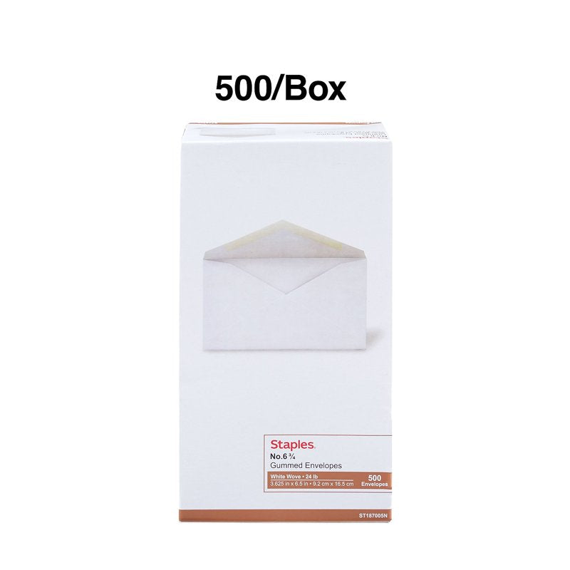 Gummed Business Envelopes - Standard #6 3/4 Size, 24 lb White Wove, 500/Box