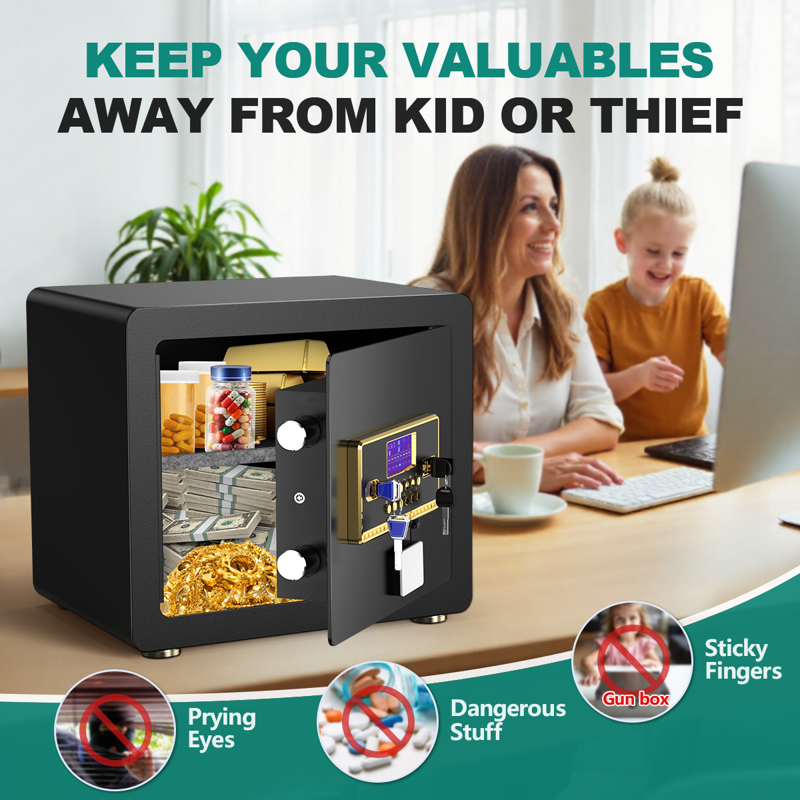 Home Security Safe Box with Digital Keypad, Fireproof Waterproof Bag, 1.5 Cu ft