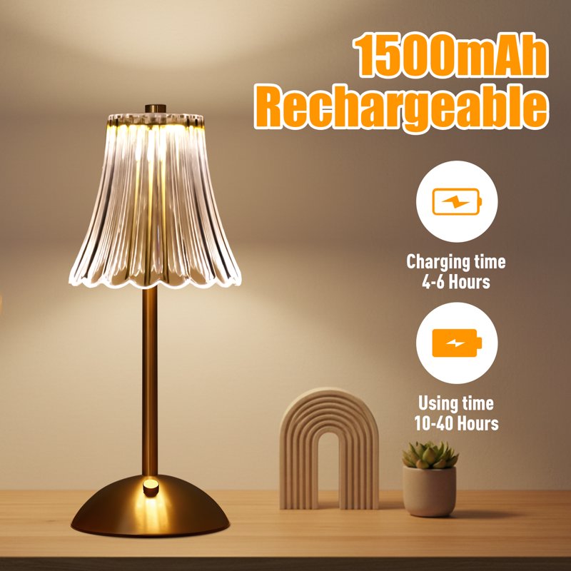 Rechargeable Cordless Table Lamp with Glass Shade - Dimmable Touch-Control Desk Light for Modern Home & Office Decor