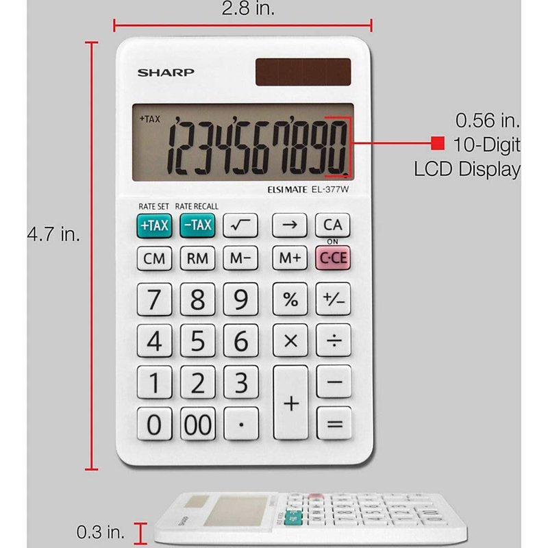 10-Digit Handheld Calculator with Solar Power & Large LCD, White