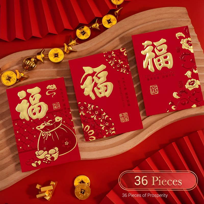 Year of the Horse 2026 Red Envelopes Set of 36 with Gold Foil Lucky Money
