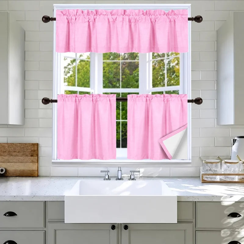 Faux Silk Blackout Kitchen Curtain Set - 3-Piece Window Treatment, Multiple Colors