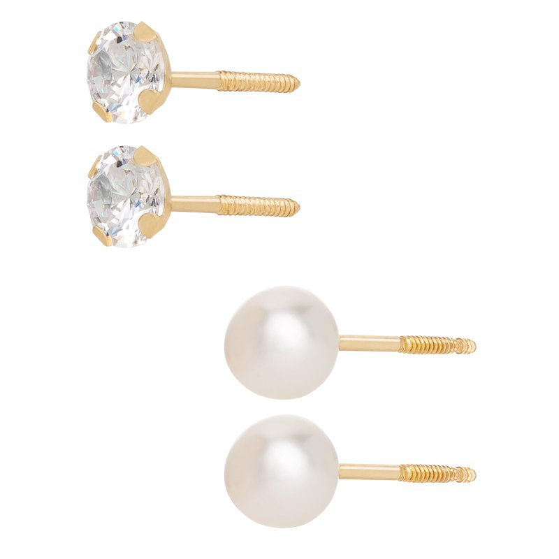 Girls Tween 14K Gold CZ and Pearl Stud Earring Set - Hypoallergenic