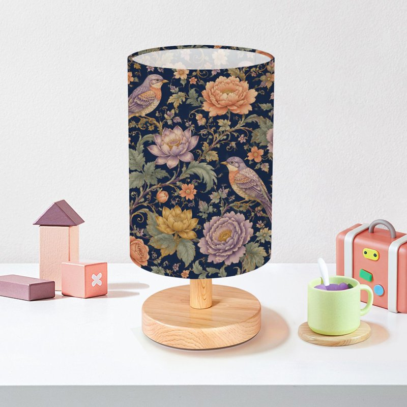 Dimmable Vintage Floral Bedside Table Lamp with Wood Base & Fabric Shade