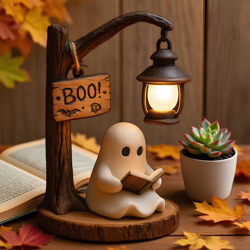 Cute Ghost Reading Book Lamp - 3D Resin Halloween Night Light Indoor Figurine