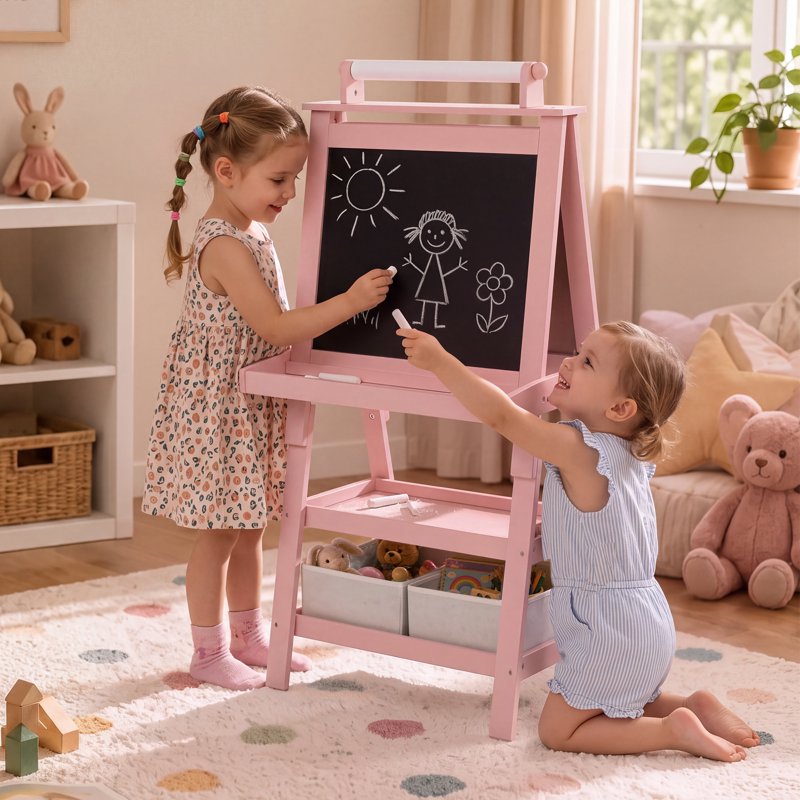 3-in-1 Kids Art Easel with Whiteboard Chalkboard and Paper Roll - Pink, Grey, White, Coffee