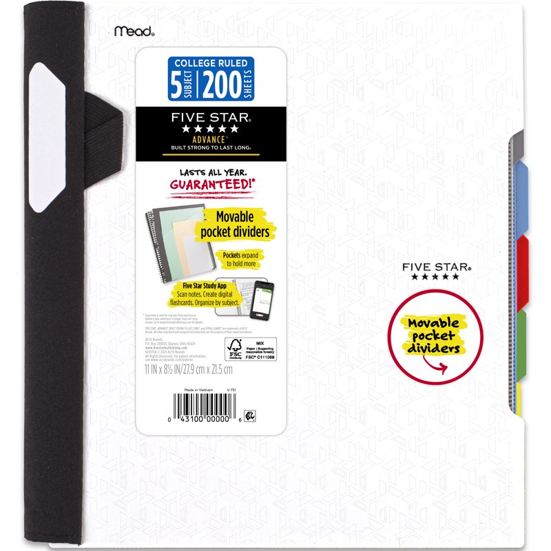 College Ruled Notebook 5 Subject Spiral 8.5 x 11 Water-Resistant Cover