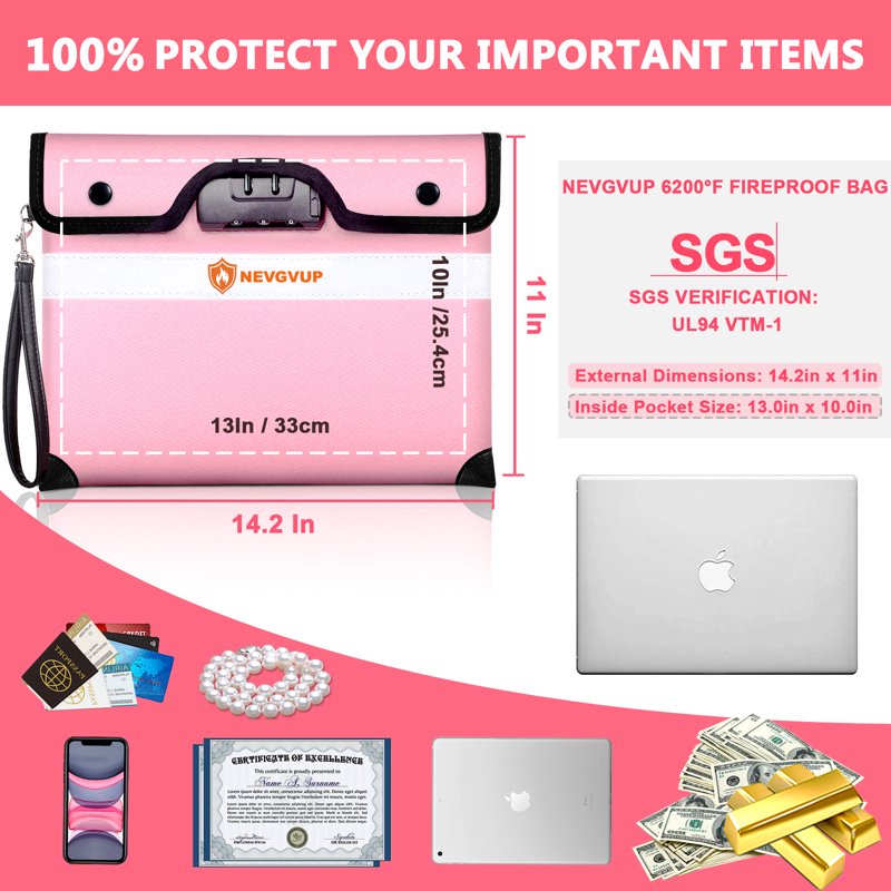 Fireproof Document Bag with Combination Lock - 6200°F Heat-Resistant Water-Resistant Pouch