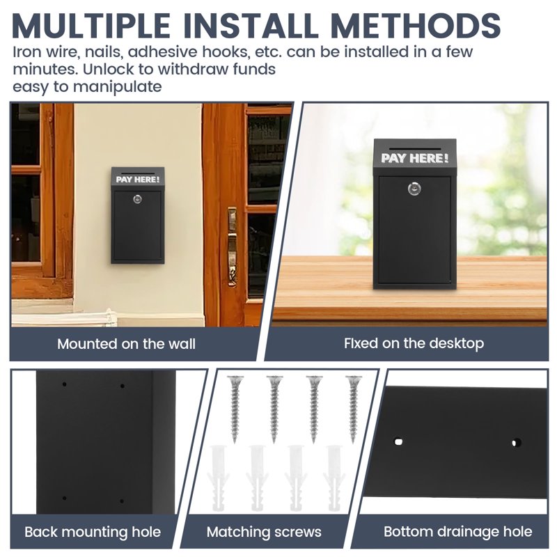 Wall Mounted Metal Donation Box with Lock and Keys for Secure Cash and Suggestion Collection