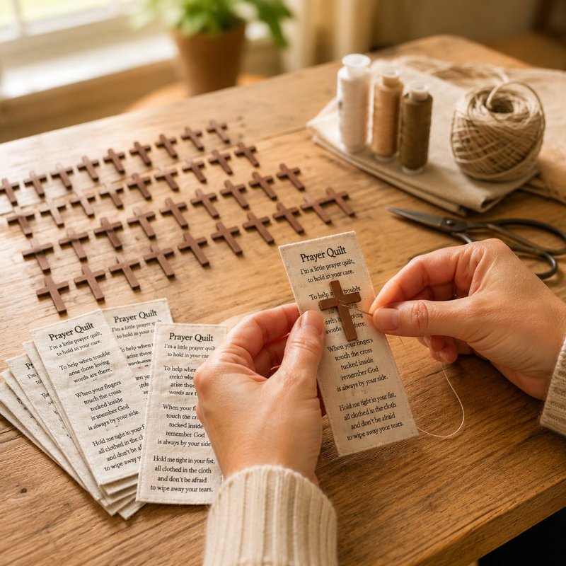 Christian Prayer Quilt Squares with Faux Wood Cross - 50 Sets for Sewing & Spiritual Gifts