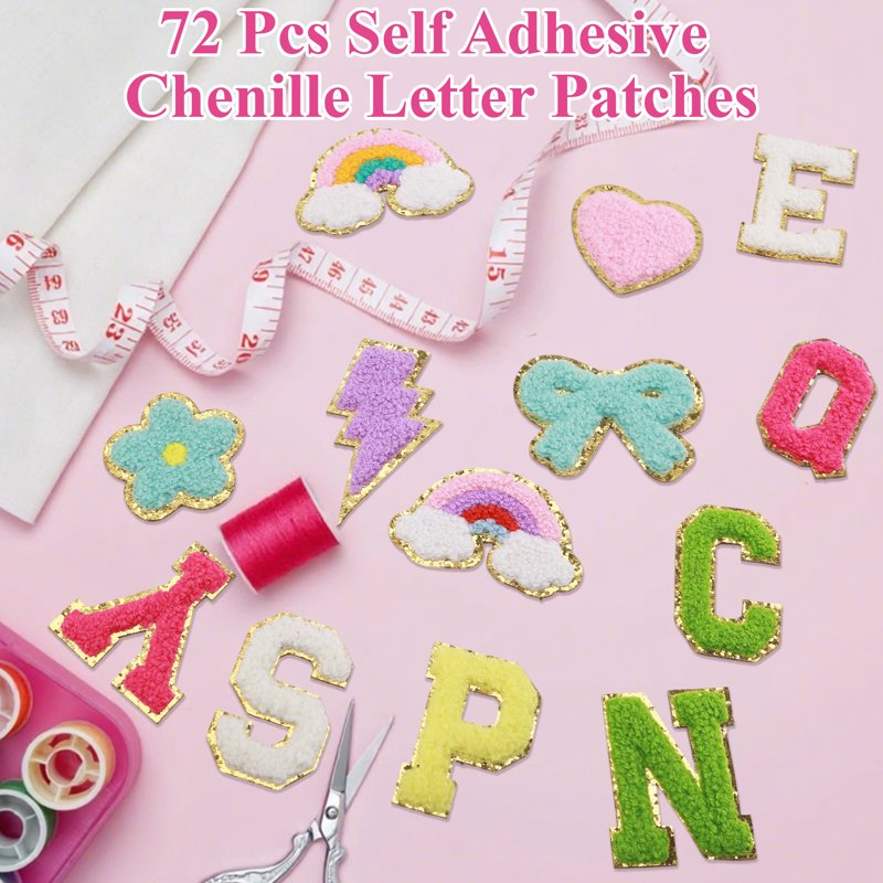 72-Piece Chenille Letter Patches Set with Heart, Lightning, Rainbow & Flower Designs for Clothing & Accessories