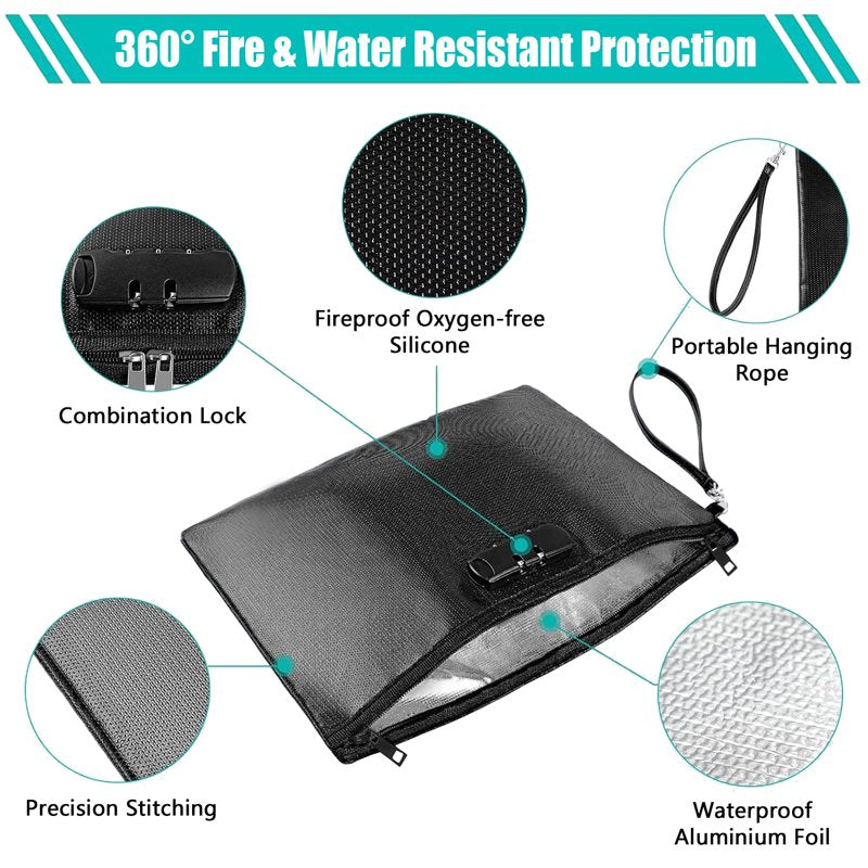 Fireproof Waterproof Document Bag with Lock Large A4 Safe Storage Pouch