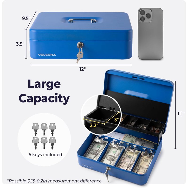 Large Metal Cash Box with Key Lock and Removable Money Tray - Portable Secure Safe for Yard Sale, Garage Sale, and Business Use