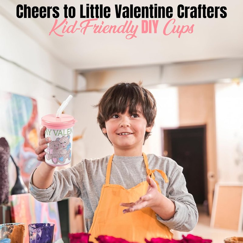 Color Your Own Valentine Cups with Lids & Straws - Kids Craft Kit, 12 Pieces