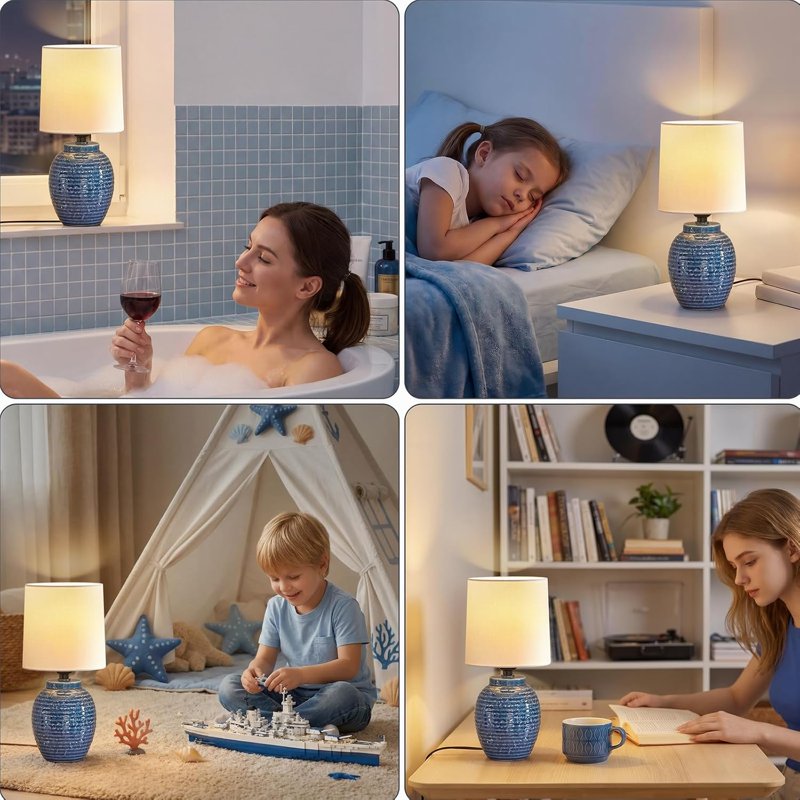 Small Farmhouse Ceramic Bedside Lamps Set of 2 - Rustic Table Lamps for Bedroom, Living Room, Nightstand