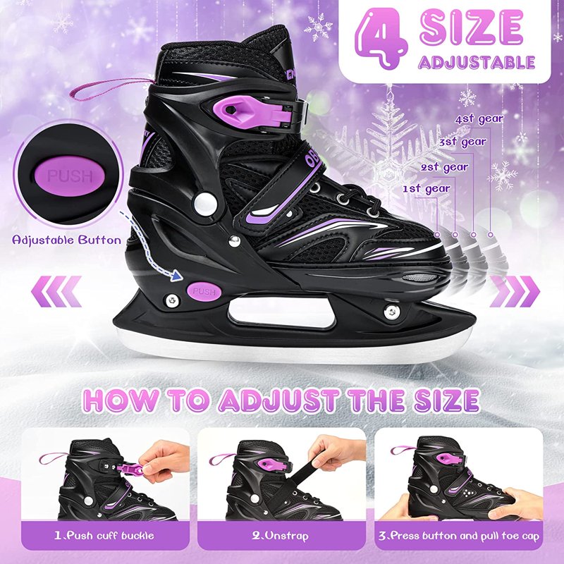 Adjustable Kids Ice Skates with Stainless Steel Blades and Free Bag for Beginners