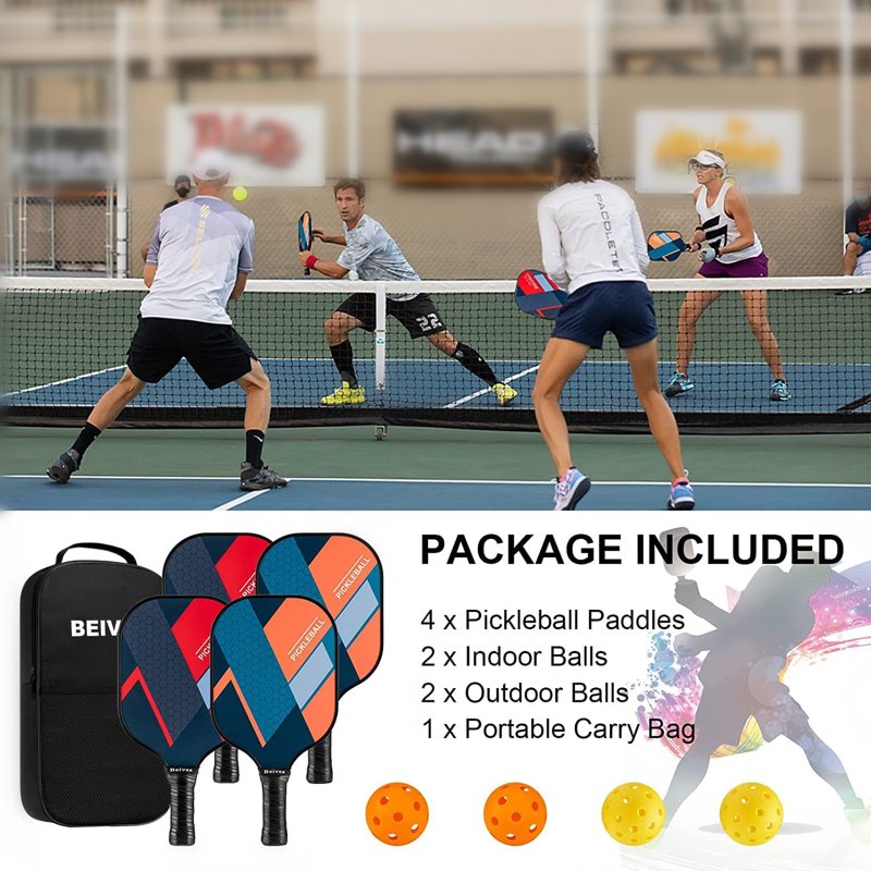 BEIVES Orange Variation 4-Player Pickleball Paddle Set with 4 Balls & Carry Bag