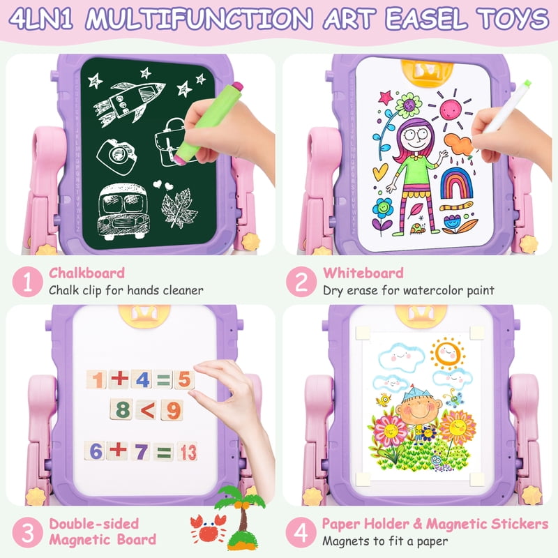Kids Adjustable Art Easel with Whiteboard & Chalkboard - Toddler Drawing Gift