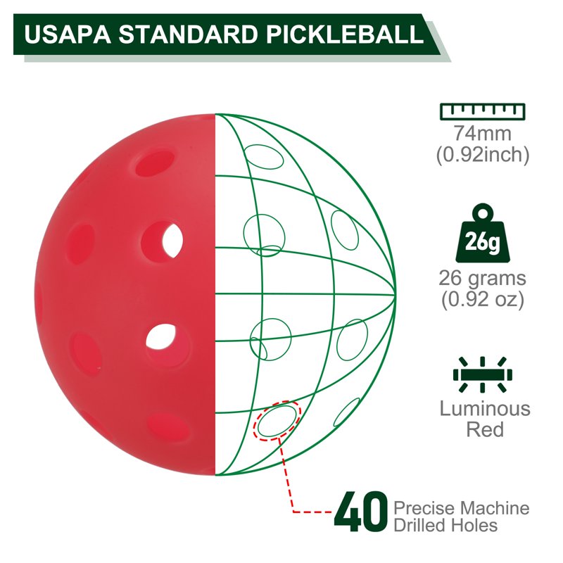 Glow in The Dark Pickleball Balls 6 Pack with Mesh Bag - Red Variation