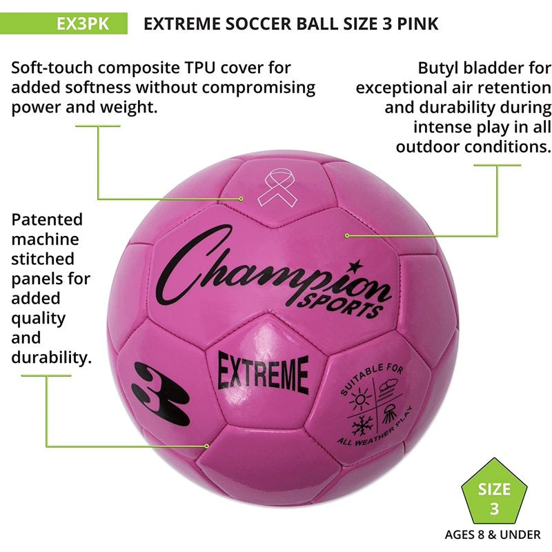 Champion Sports Extreme Soccer Ball Size 3 - Pink, All Weather, Soft Touch, High Air Retention